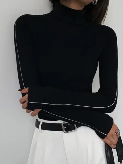COMMENSE Contrast Piping Turtleneck Sweater* Sweater Tops|Sweaters & Cardigans