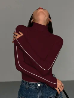 COMMENSE Contrast Piping Turtleneck Sweater* Sweater Tops|Sweaters & Cardigans