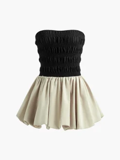 COMMENSE Contrast Strapless Pleated Short Dress* Black Dresses|Casual Dresses