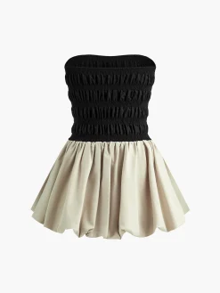 COMMENSE Contrast Strapless Pleated Short Dress* Black Dresses|Casual Dresses