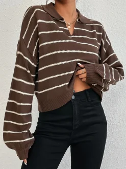 COMMENSE Contrast Striped Lapel Short Sweater* Sweater Tops|Sweaters & Cardigans