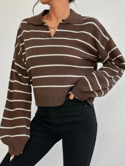 COMMENSE Contrast Striped Lapel Short Sweater* Sweater Tops|Sweaters & Cardigans