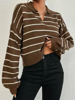 COMMENSE Contrast Striped Lapel Short Sweater* Sweater Tops|Sweaters & Cardigans