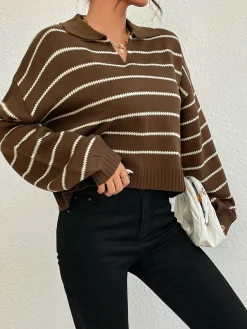 COMMENSE Contrast Striped Lapel Short Sweater* Sweater Tops|Sweaters & Cardigans