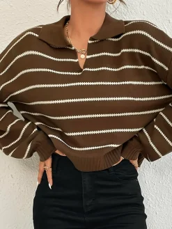 COMMENSE Contrast Striped Lapel Short Sweater* Sweater Tops|Sweaters & Cardigans
