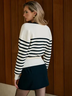 COMMENSE Contrast Striped Metal-Button Knit Outerwear* Sweater Tops|Outerwear