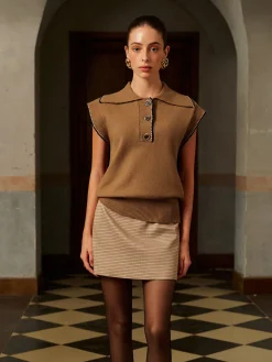 COMMENSE Contrast Trim Button Lapel Sweater Vest* Knitwear|Vests