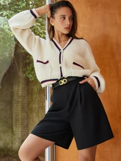 COMMENSE Contrast Trim Button Pockets Cardigan* Cardigans|Sweaters & Cardigans