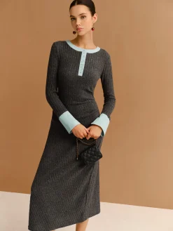 COMMENSE Contrast Trim Button Ribbed Slim Dress* Casual Dresses|Work Dresses