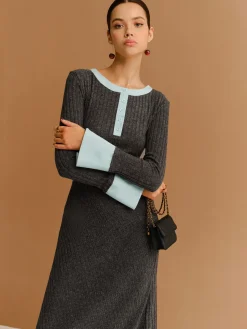 COMMENSE Contrast Trim Button Ribbed Slim Dress* Casual Dresses|Work Dresses