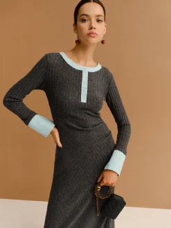 COMMENSE Contrast Trim Button Ribbed Slim Dress* Casual Dresses|Work Dresses