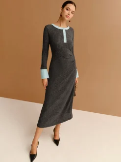 COMMENSE Contrast Trim Button Ribbed Slim Dress* Casual Dresses|Work Dresses