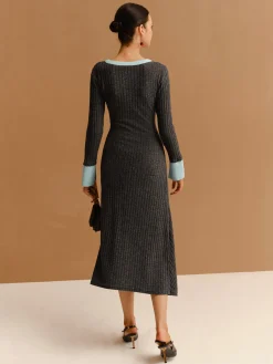 COMMENSE Contrast Trim Button Ribbed Slim Dress* Casual Dresses|Work Dresses
