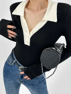 COMMENSE Contrast Trim Button Up Ribbed Shirt* Sweater Tops|Sweaters & Cardigans