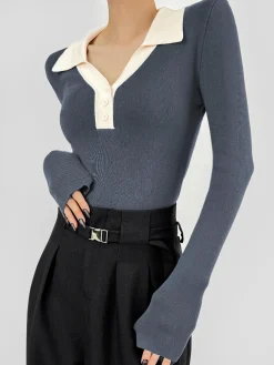 COMMENSE Contrast Trim Button Up Ribbed Shirt* Sweater Tops|Sweaters & Cardigans