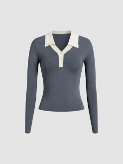 COMMENSE Contrast Trim Button Up Ribbed Shirt* Sweater Tops|Sweaters & Cardigans