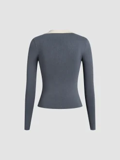 COMMENSE Contrast Trim Button Up Ribbed Shirt* Sweater Tops|Sweaters & Cardigans