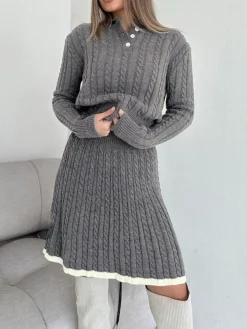 COMMENSE Contrast Trim Cable-Knit Lapel Skirt Set* Skirt Sets|Long Sleeve Sets