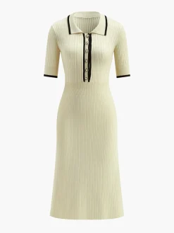 COMMENSE Contrast Trim Collared Rib Knit Short Sleeve Midi Dress* Sweater Dresses|Work Dresses