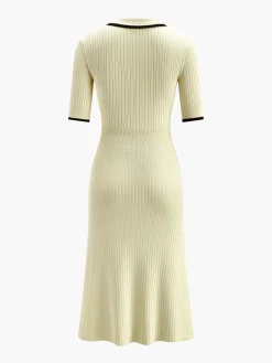 COMMENSE Contrast Trim Collared Rib Knit Short Sleeve Midi Dress* Sweater Dresses|Work Dresses