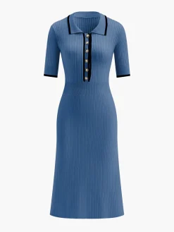 COMMENSE Contrast Trim Collared Rib Knit Short Sleeve Midi Dress* Sweater Dresses|Work Dresses