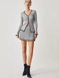 COMMENSE Contrast Trim Curved Cardigan With Matching Pleat Mini Skirt* Cardigans|Sweater Tops