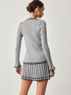 COMMENSE Contrast Trim Curved Cardigan With Matching Pleat Mini Skirt* Cardigans|Sweater Tops