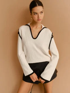 COMMENSE Contrast Trim Cutout Lapel Sweater* Sweater Tops|Sweaters & Cardigans