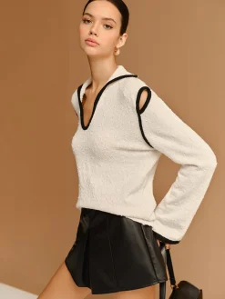 COMMENSE Contrast Trim Cutout Lapel Sweater* Sweater Tops|Sweaters & Cardigans