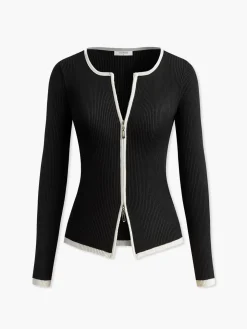COMMENSE Contrast Trim Double-Zipper Knit Top* Sweater Tops|Sweaters & Cardigans