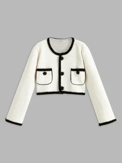 COMMENSE Contrast Trim Flower Decor Cardigan* Cardigans|Sweaters & Cardigans