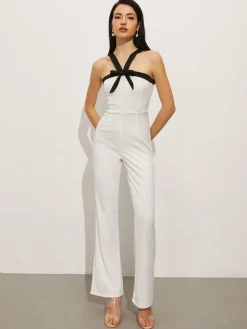 COMMENSE Contrast Trim Halter Bow Jumpsuit* White Dresses|Jumpsuits & Rompers