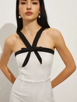 COMMENSE Contrast Trim Halter Bow Jumpsuit* White Dresses|Jumpsuits & Rompers