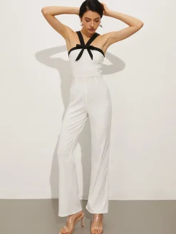 COMMENSE Contrast Trim Halter Bow Jumpsuit* White Dresses|Jumpsuits & Rompers