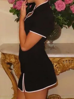 COMMENSE Contrast Trim Keyhole Neckline Dress* Black Dresses|Work Dresses