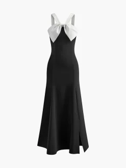 COMMENSE Contrast Trim Knotted Zipper Dress* White Dresses|Cocktail & Party Dresses
