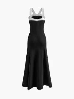 COMMENSE Contrast Trim Knotted Zipper Dress* White Dresses|Cocktail & Party Dresses