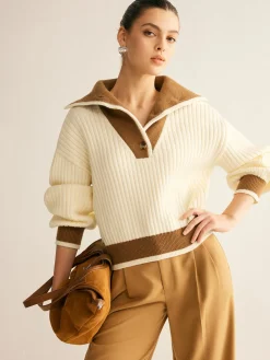 COMMENSE Contrast Trim Lapel Button Sweater* Sweater Tops|Sweaters & Cardigans