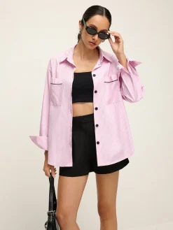 COMMENSE Contrast Trim Lapel Pinstripe Shirt* Blouses & Shirts|Tops