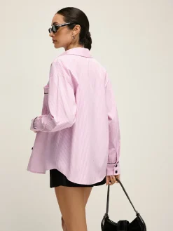 COMMENSE Contrast Trim Lapel Pinstripe Shirt* Blouses & Shirts|Tops