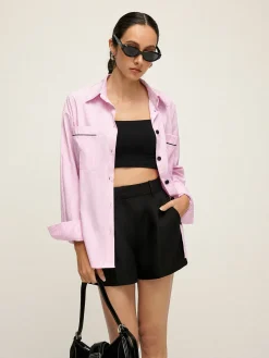 COMMENSE Contrast Trim Lapel Pinstripe Shirt* Blouses & Shirts|Tops