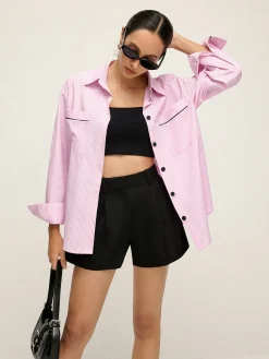 COMMENSE Contrast Trim Lapel Pinstripe Shirt* Blouses & Shirts|Tops
