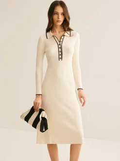 COMMENSE Contrast Trim Lapel Sweater Dress* Sweater Dresses|Work Dresses