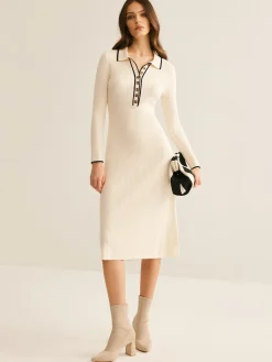 COMMENSE Contrast Trim Lapel Sweater Dress* Sweater Dresses|Work Dresses