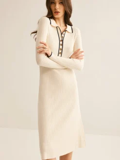 COMMENSE Contrast Trim Lapel Sweater Dress* Sweater Dresses|Work Dresses