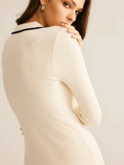 COMMENSE Contrast Trim Lapel Sweater Dress* Sweater Dresses|Work Dresses