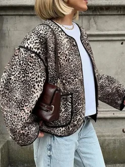 COMMENSE Contrast Trim Leopard Printed Winter Coat* Outerwear|Coats