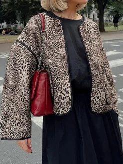 COMMENSE Contrast Trim Leopard Printed Winter Coat* Outerwear|Coats