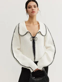 COMMENSE Contrast Trim Magnet Closure Knit Top* Sweater Tops|Sweaters & Cardigans