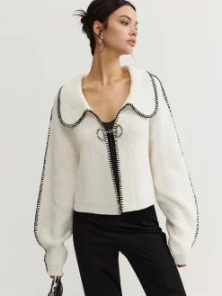 COMMENSE Contrast Trim Magnet Closure Knit Top* Sweater Tops|Sweaters & Cardigans